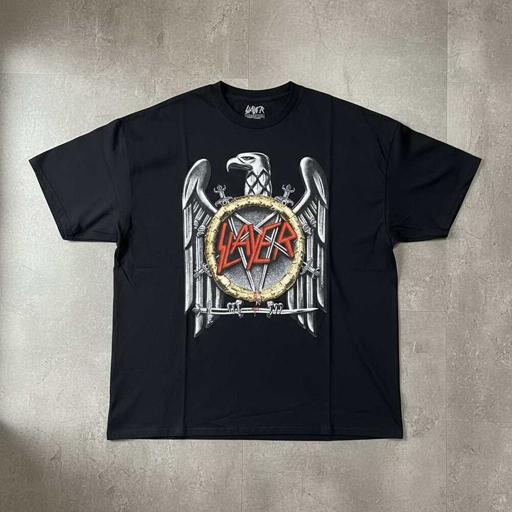 Silver Eagle Sword Shield Thrash Metal Band Logo Vintage Graphic Tee Black